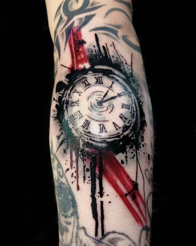 trash polka clock tattoo 