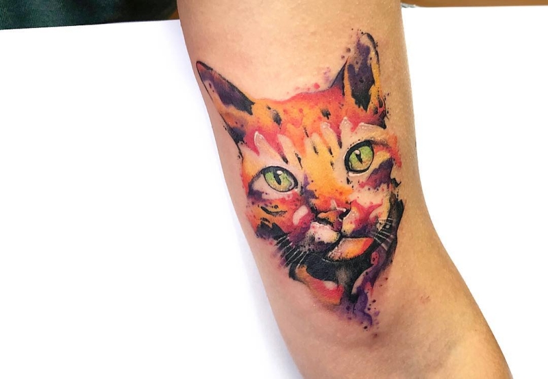 Watercolor cat tattoo on the bicep
