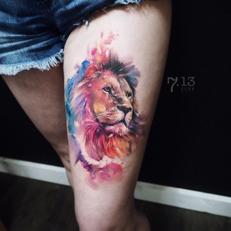 watercolor lion tattoo