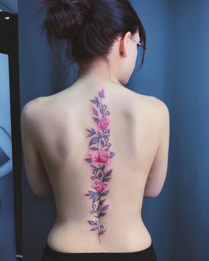 Tattoo uploaded by Hateful Kate  Gorgeous rose tattoo down the spine by  Devin Mena via IGdevinmenatattoos Rose Spine Classic DevinMena   Tattoodo