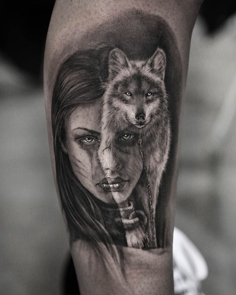 double exposure wolf tattoo