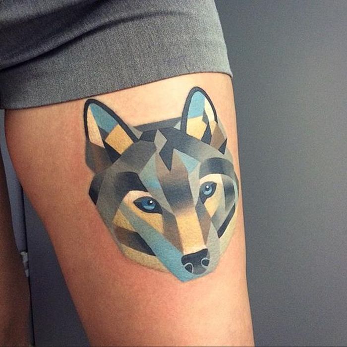 Watercolor Geometric Fox Tattoo On Girl Left Full Sleeve