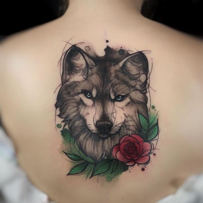 Realistic Wolf face with colored flowers by Rafael Marte TattooNOW