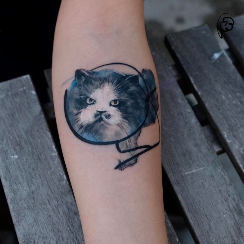 awesome cat tattoo by Tayfun Bezgin