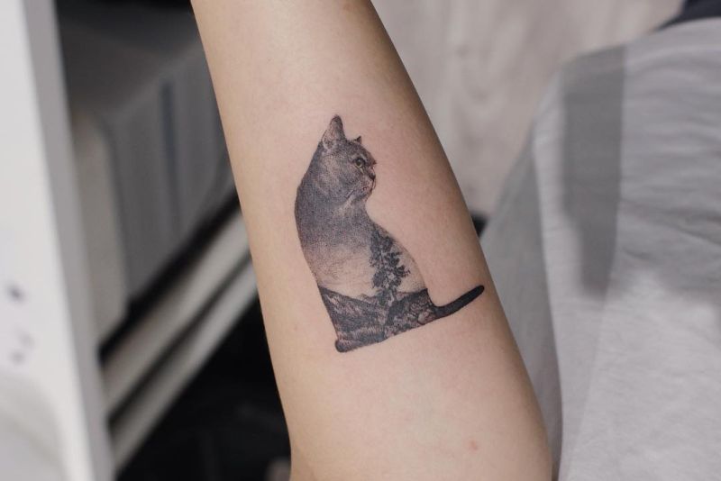double exposure cat tattoo