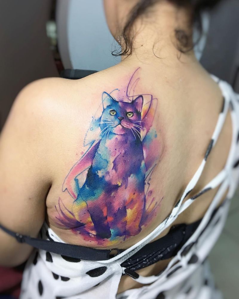 Cat Colorful Watercolor On Womans Thigh