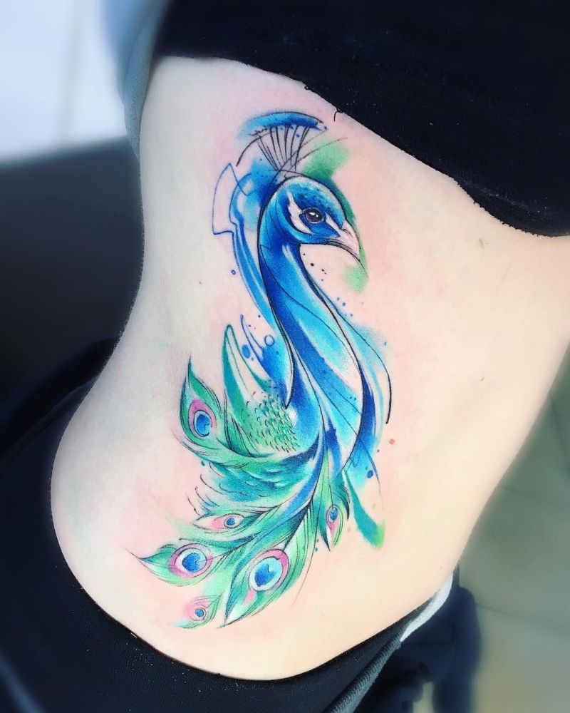 watercolor peacock tattoo