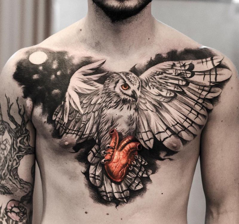 owl chest tattoo men