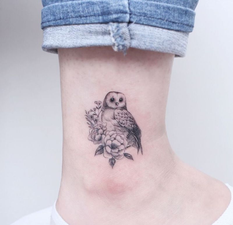 Owl tattoo with Peony