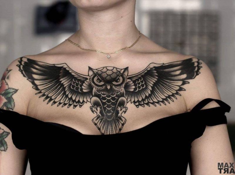 owl chest tattoo women