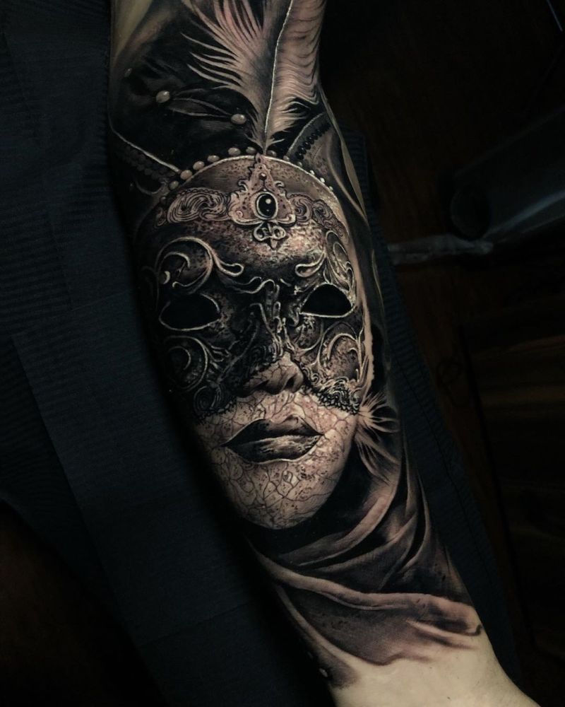 Woman mask black and blue tattoo by Zsofia Belteczky | No. 1113