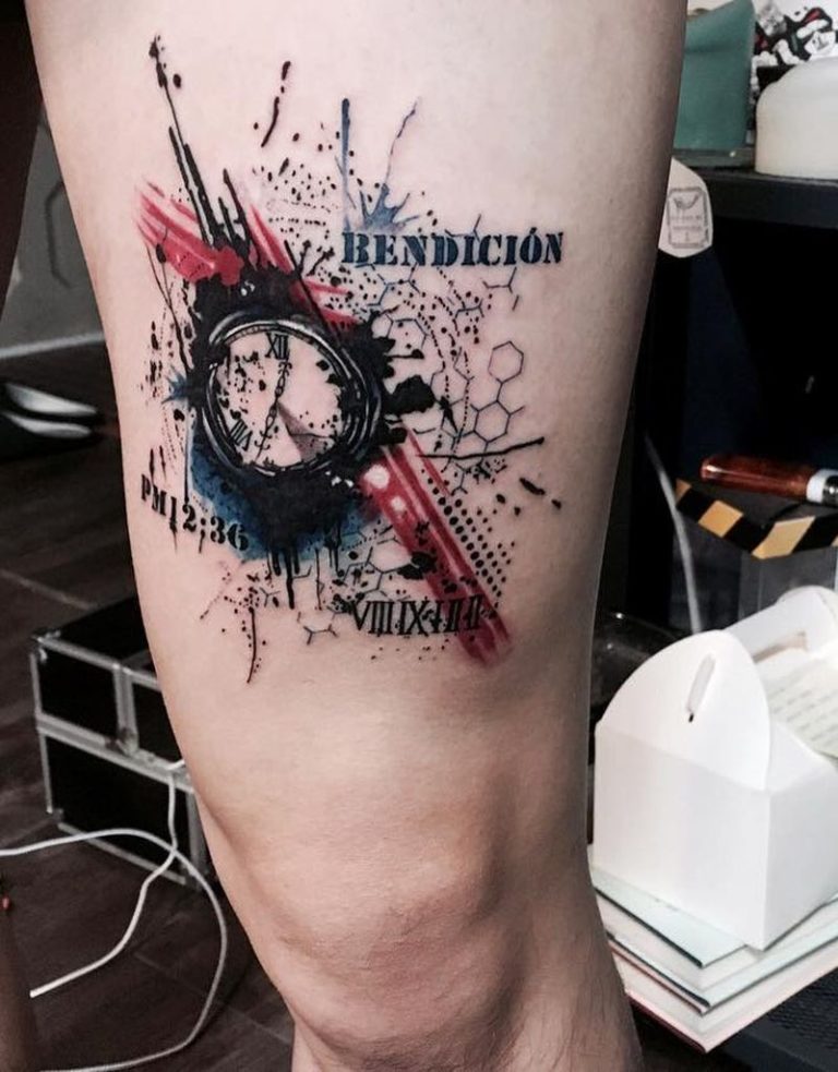 Trash Polka Style Thigh Clock Tattoo (23) KickAss Things