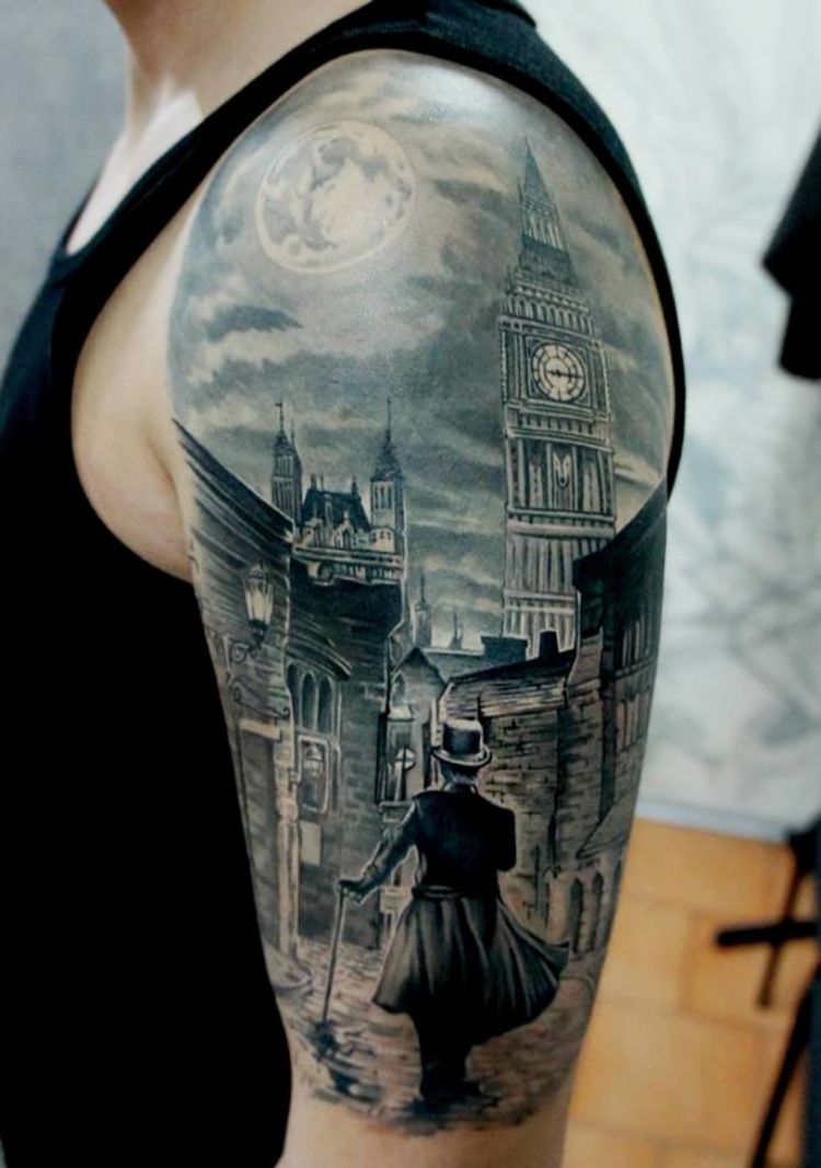 Spooky Clock Tower Color Tattoo by Steve Malley TattooNOW