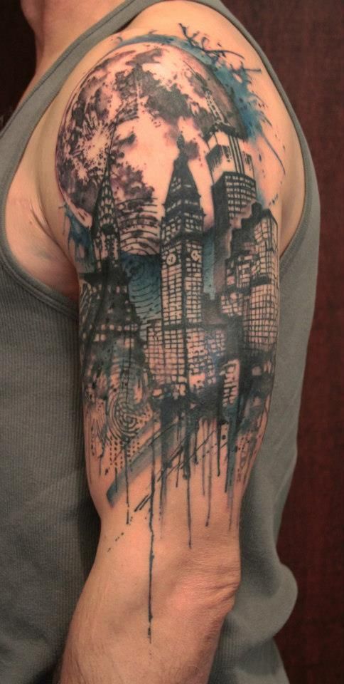 Microrealistic New York Skyline tattoo located on the