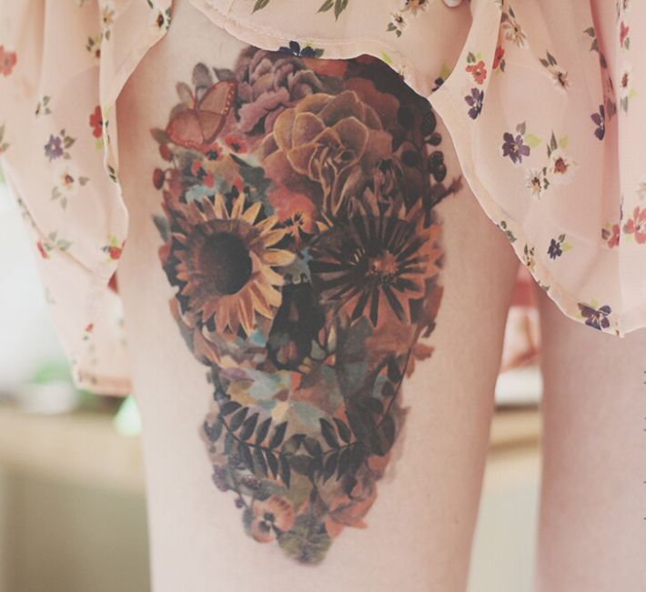 flower skull tattoo