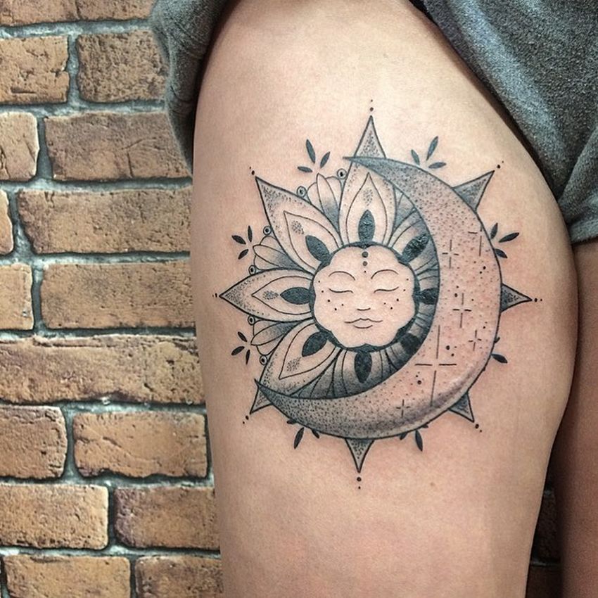 Dagger Thigh Sun Moon Tattoo by Adrenaline Vancity