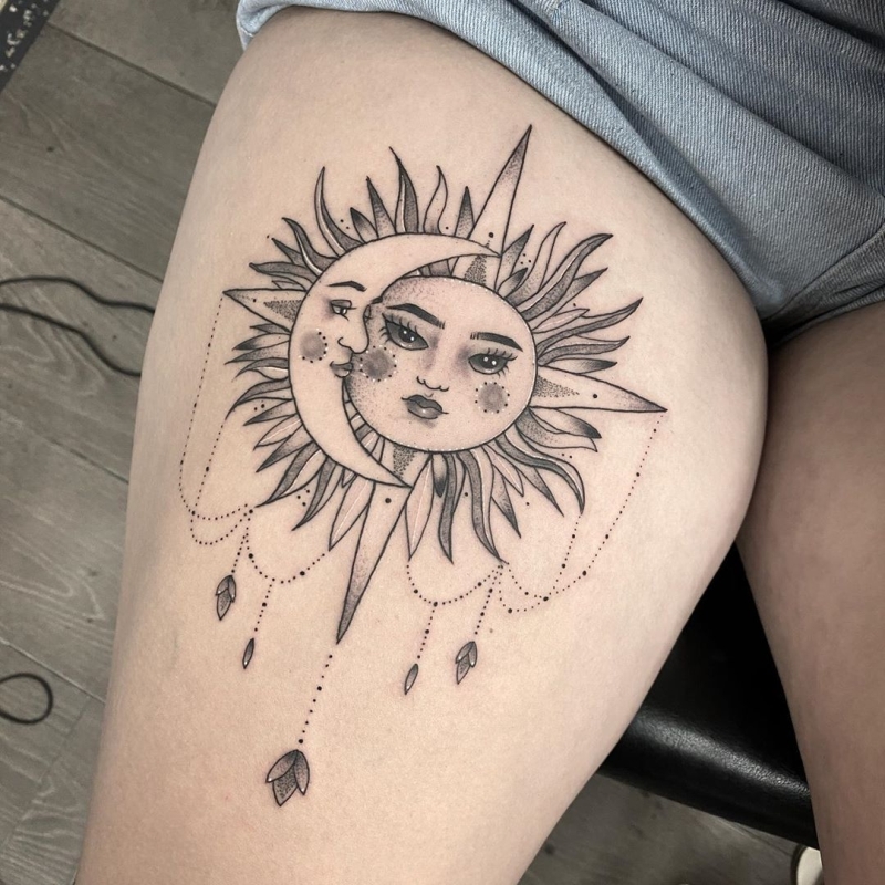 realistic sun and moon tattoo