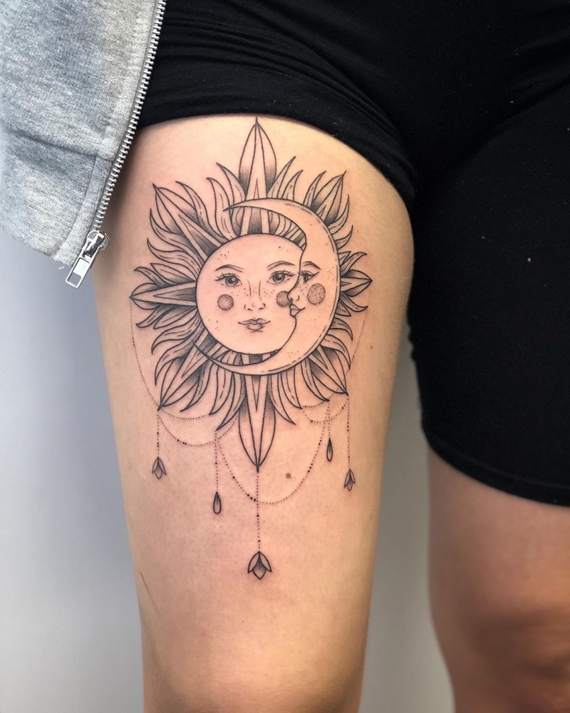 Elegant Sun and Moon Linework Tattoo