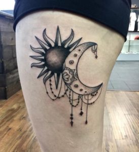 black and grey sun and moon tattoos