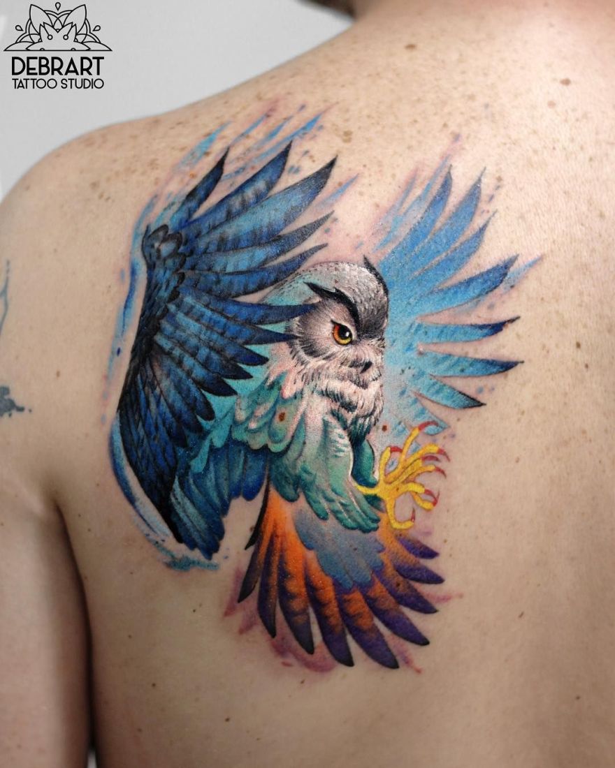 watercolor owl tattoo