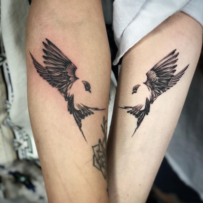 Small Tree And Owl Couple Tattoo On Fingers