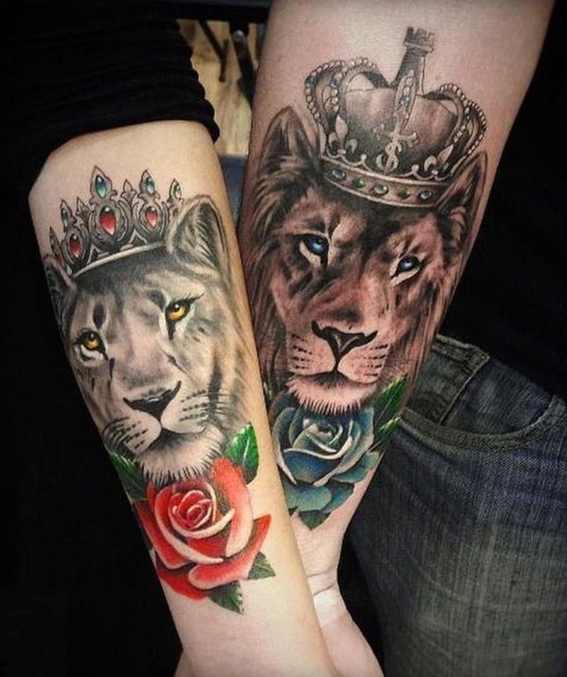 Lion And Lioness Couple Tattoos