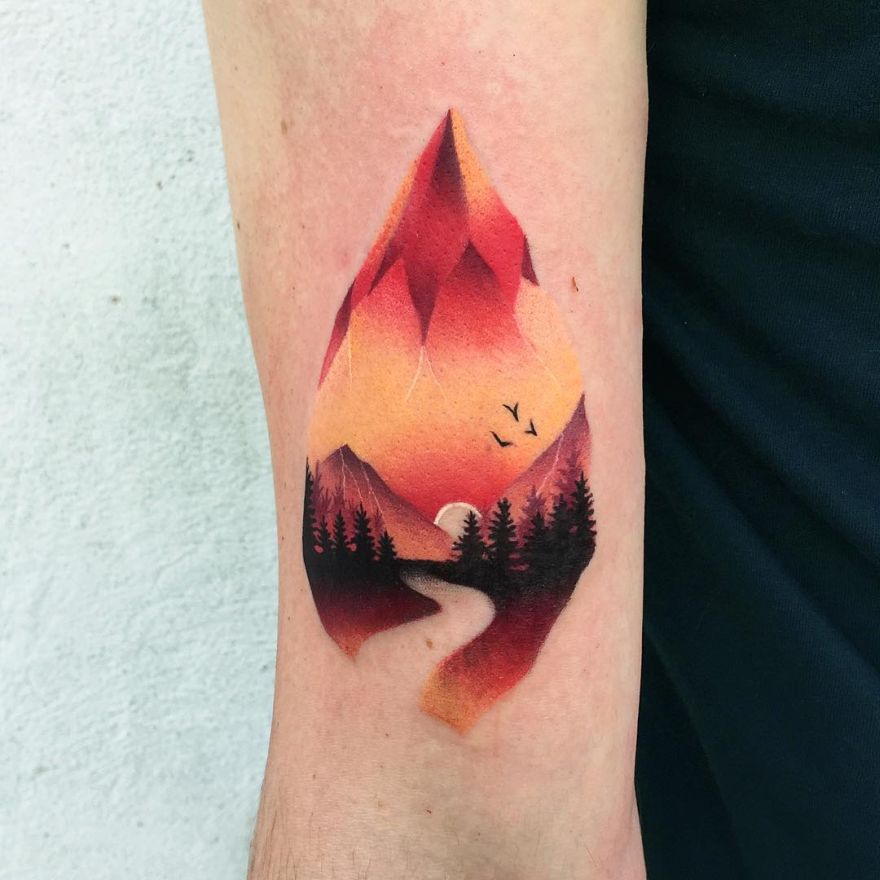 colorful mountain tattoo