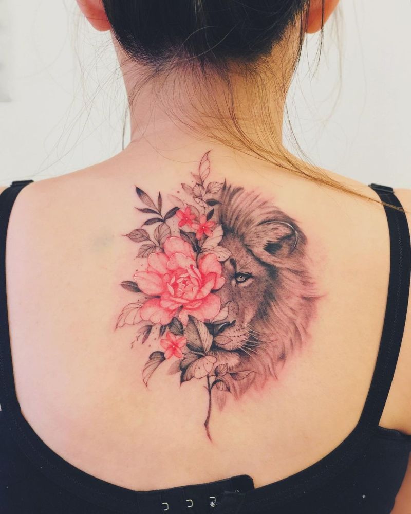 A Floral Lion Tattoo on Thigh by MKA