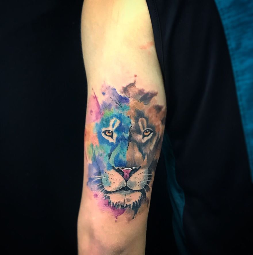 watercolor lion tattoo