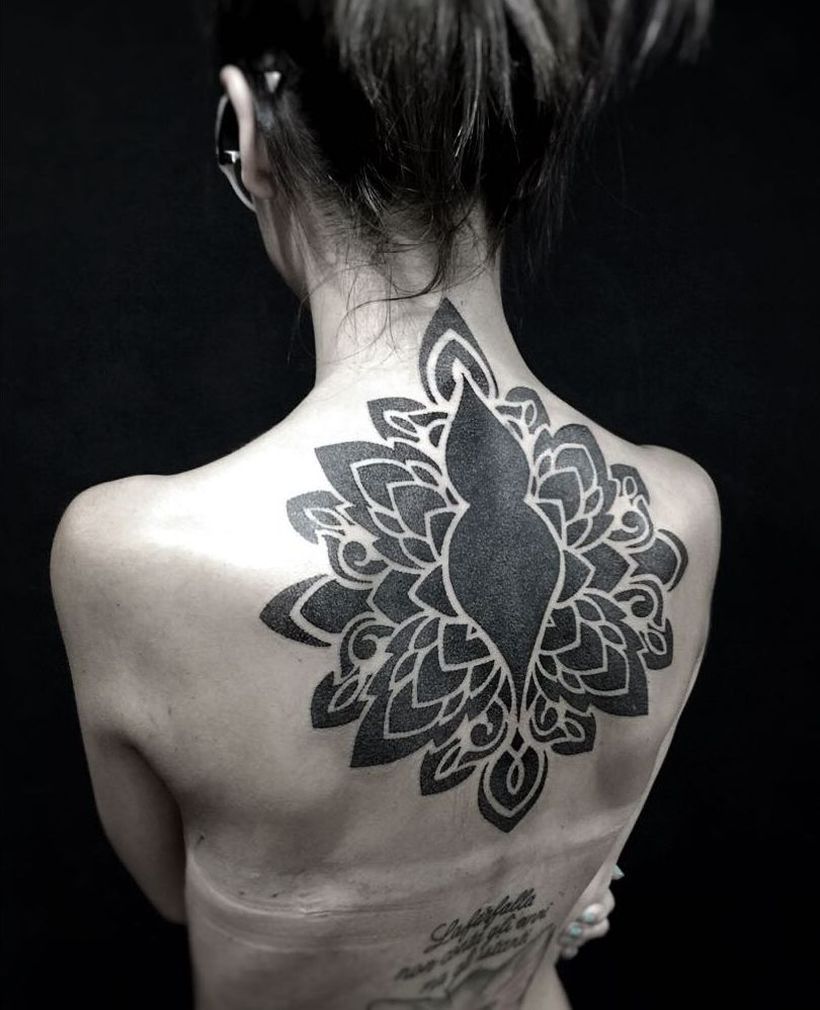 Mandala and lotus tattoo on the neck - Tattoogrid.net