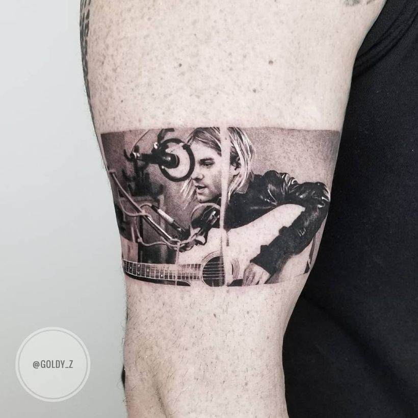 fine line realistic Kurt Cobain tattoo