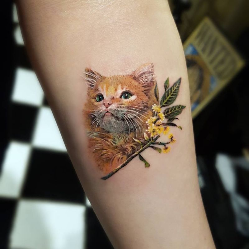 Calf tattoo of a samurai cat tattoo idea | TattoosAI