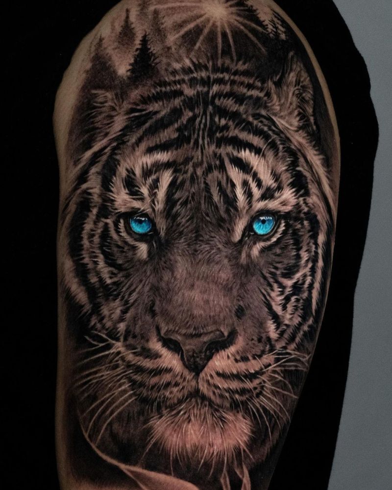 Blue Eyes White Tiger Tattoo On Left Bicep