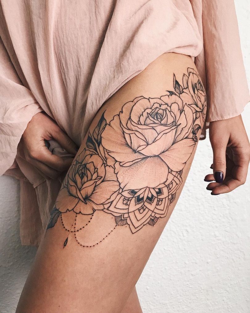 Fine Line Color Flower Illustrative tattoo by Lacey McClellan